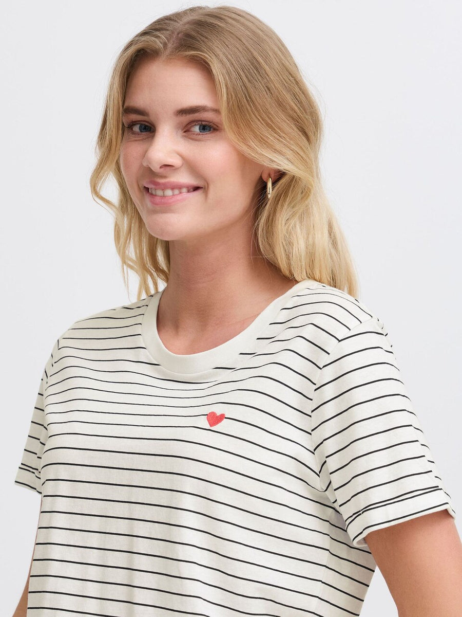 Fransa FRamora Tee, blanc de blanc mix, gestreift mit pinkem Herz