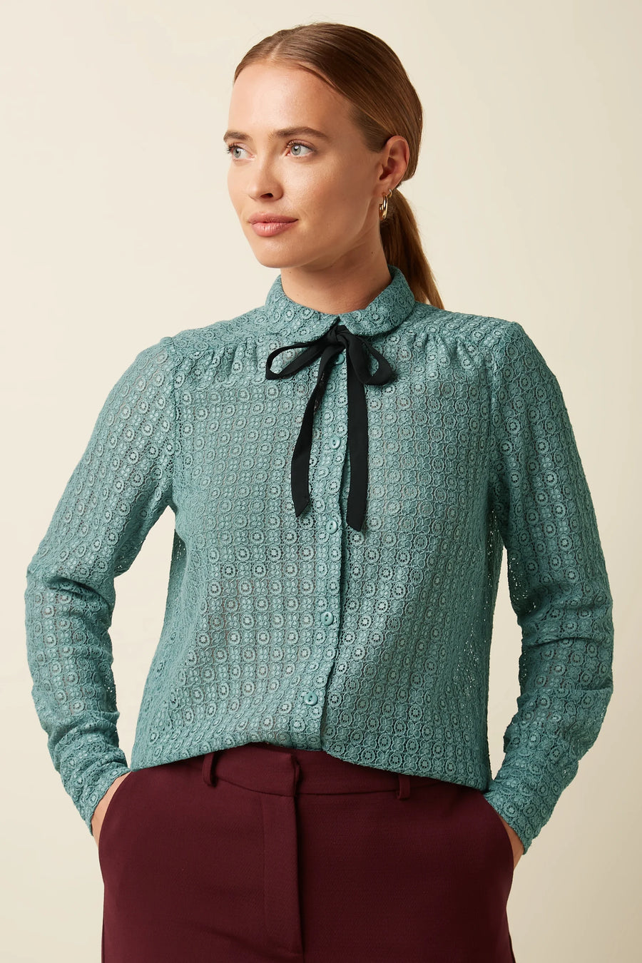 King Louie Elia Blouse Branco Lace, Silver Green, Bluse
