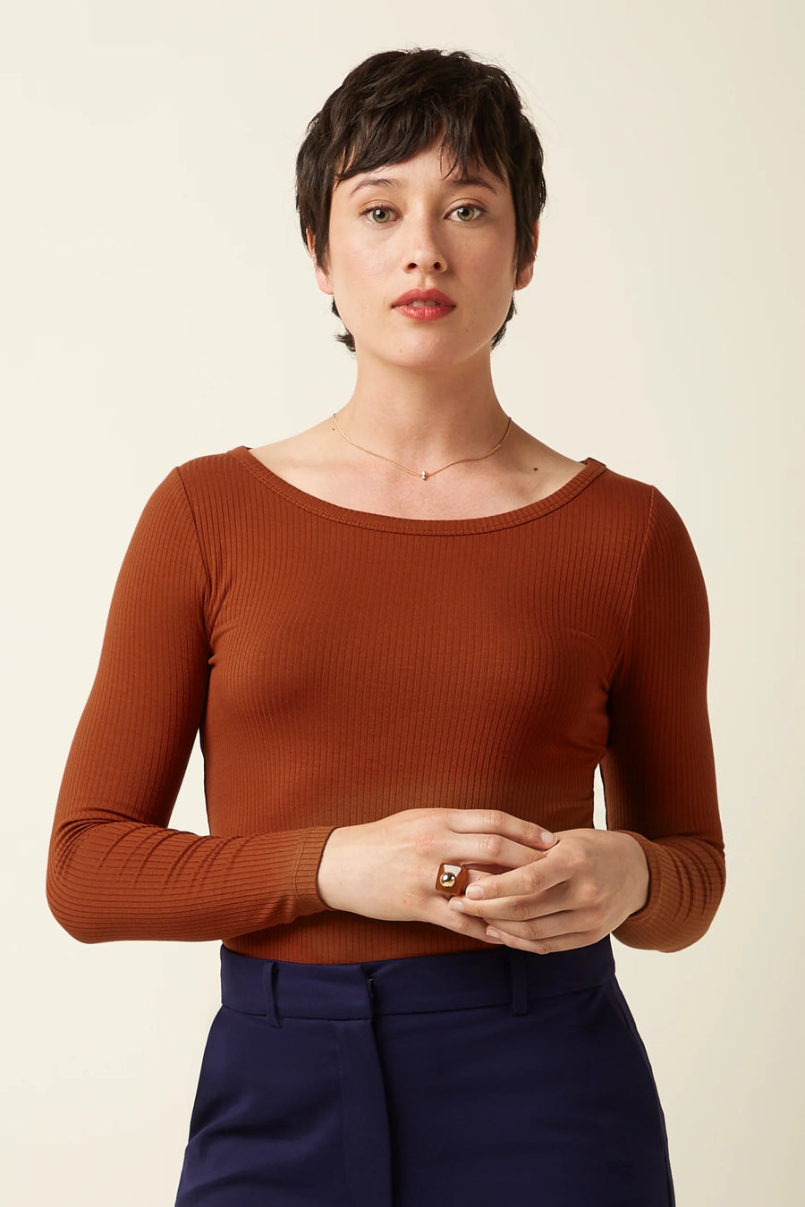 King Louie Lili Tee Uni Rib, spicy brown, Langarmshirt