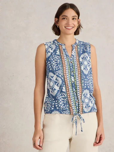 White Stuff Tulip Sleeveless Shirt, Top, blue print