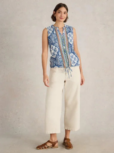 White Stuff Tulip Sleeveless Shirt, Top, blue print