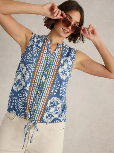 White Stuff Tulip Sleeveless Shirt, Top, blue print