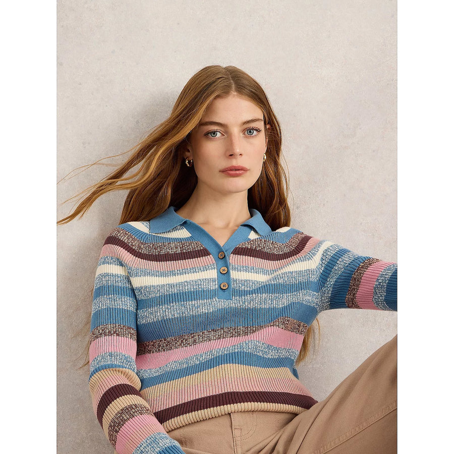 White Stuff Rib Collar Stripe Jumper blue mlt