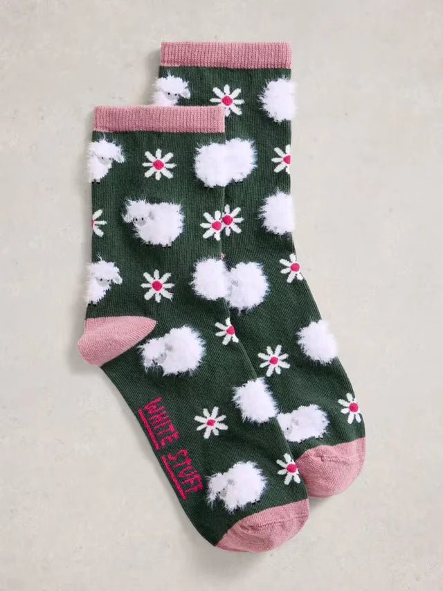 White Stuff Fluffy Ankle Socks, dk green sheep, Socken