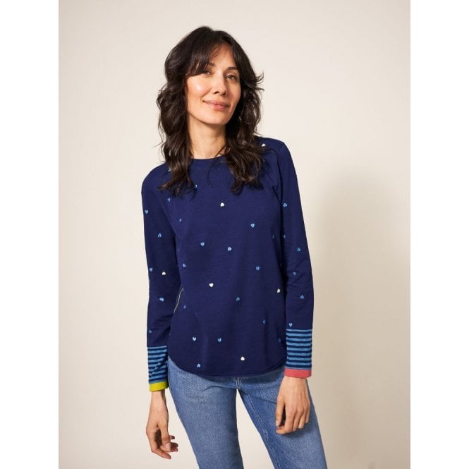 White Stuff Cassie Langarmshirt mit Stickerei, navy multi Hearts