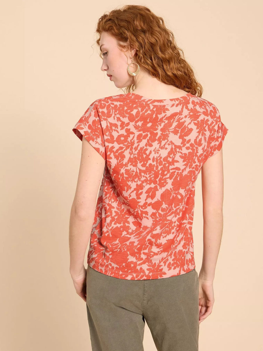 White Stuff Nelly Notch Neck Tee orange print, T-Shirt