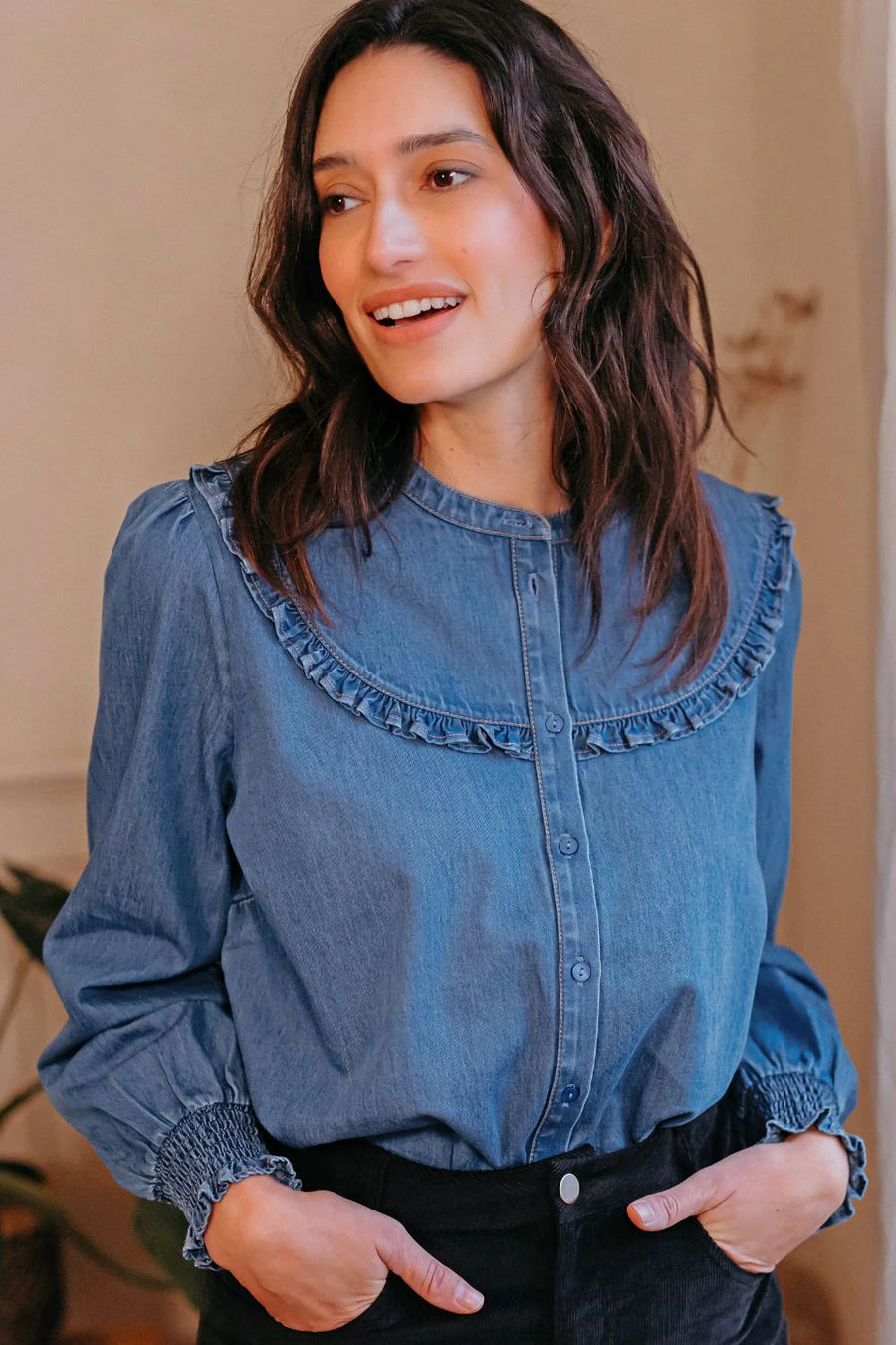Sugarhill Heidi Frill Shirt, Jeansbluse, washed blue