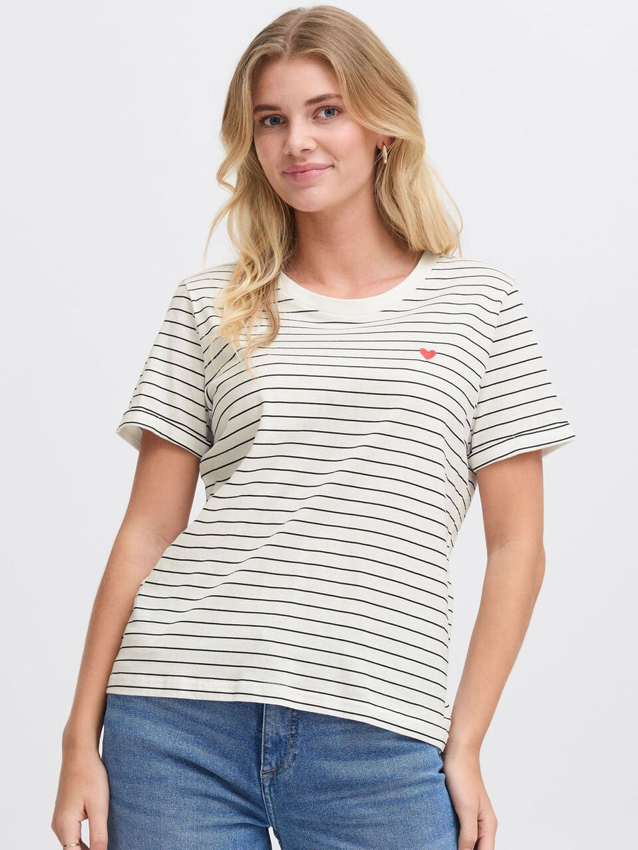 Fransa FRamora Tee, blanc de blanc mix, gestreift mit pinkem Herz