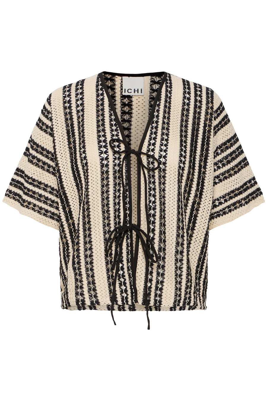 Ichi Iawinnia Kimono Häkelweste beige schwarz