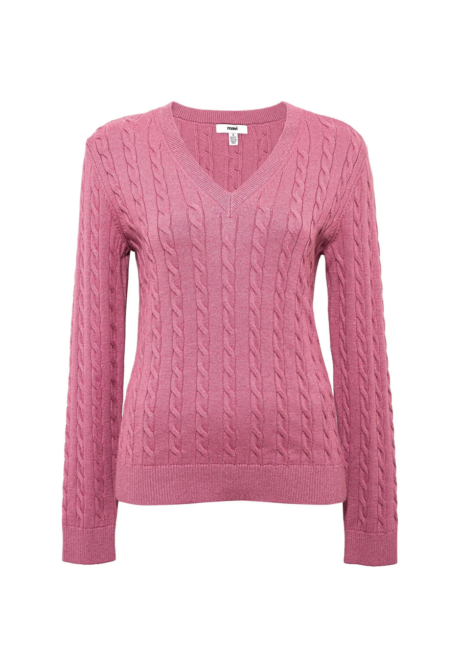 Mavi Cable Strickpullover mit V-Neck, ash rose