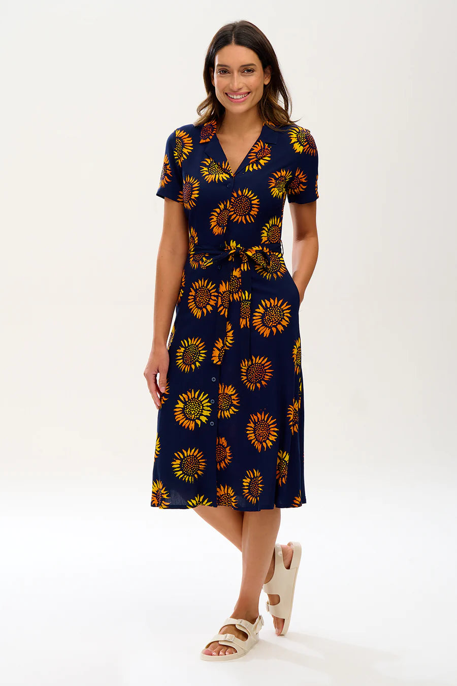 Sugarhill Fiona Batik Midi Shirt Dress navy sunflowers
