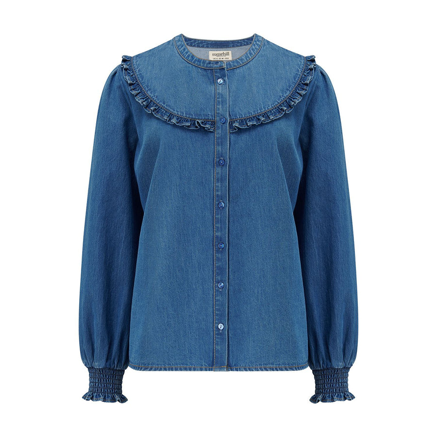 Sugarhill Heidi Frill Shirt, Jeansbluse, washed blue