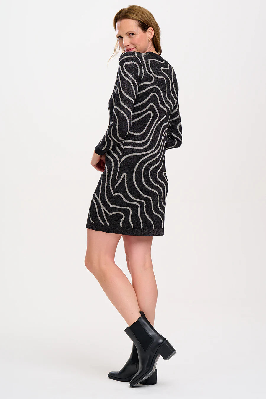 Sugarhill Kleid Kristen Mini Knit Dress Gunmetal & Silver Swirl